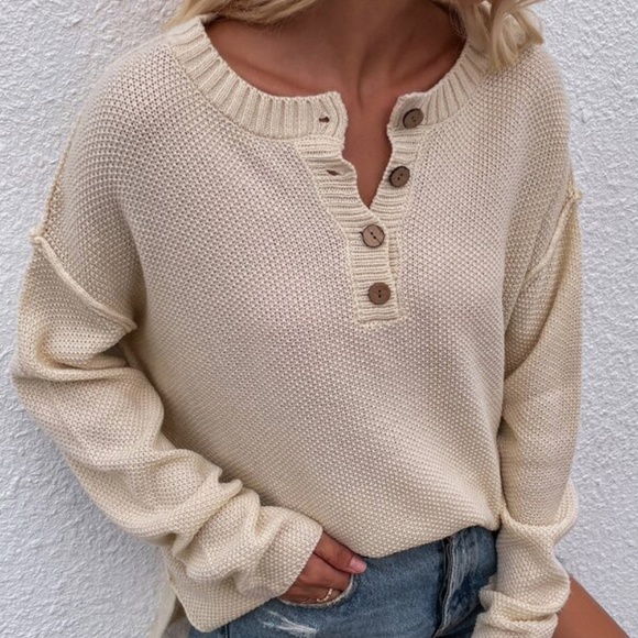 Bellanblue Sweaters - Cream Button up Knit Oversized Sweater Top Minimalist